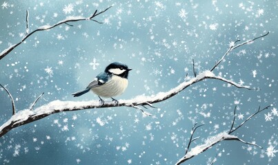 A small bird is sitting on a branch covered in snow
