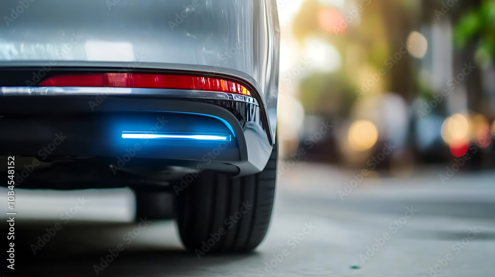 Poster a rear car bumper is fitted with a parking sensor, focused in a light blurred background