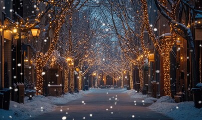 A street with lights on the trees and snow on the ground