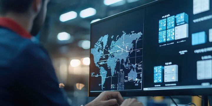 Logistics professional analyzing shipment delays on a computer display in a warehouse environment with global data visualization