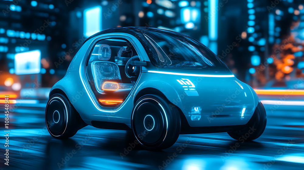Poster a smart car with remote sensing and road scanning systems is illustrated, driving autonomously on th
