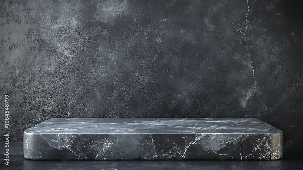 Poster a marble tabletop in grey, set against a dark cement background, creating a rustic yet luxurious set