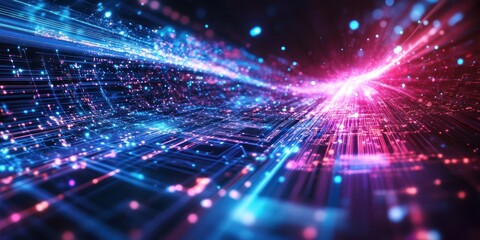 A vibrant abstract representation of digital data flow with glowing particles and lines.