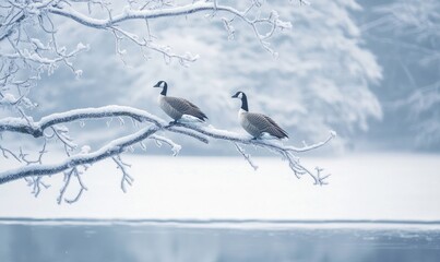 Two geese are sitting on a branch of a tree