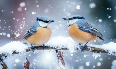 Naklejka premium Two birds are sitting on a branch covered in snow
