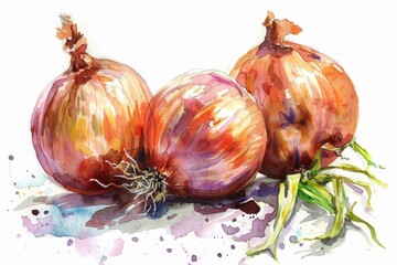 Three fresh onions with roots and green sprouts on watercolor splattered background. Hand-painted vegetable illustration for food and botanical design. Generative AI
