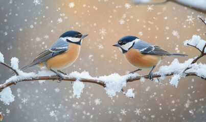 Obraz premium Two birds are sitting on a branch covered in snow