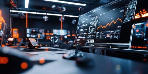 Logistics control room action modern facility digital data visualization high-tech environment close-up viewpoint efficiency concept