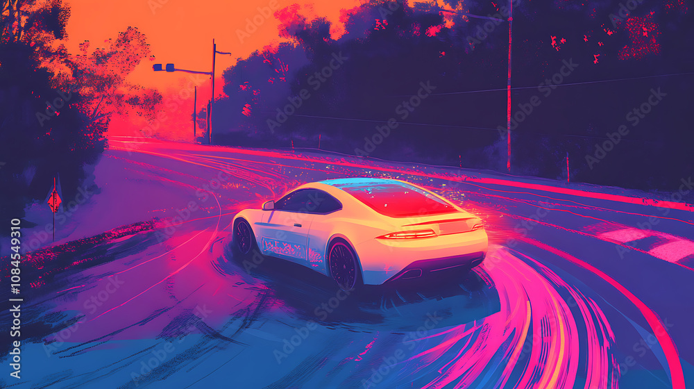 Poster a smart car with remote sensing and road scanning systems is illustrated, driving autonomously on th