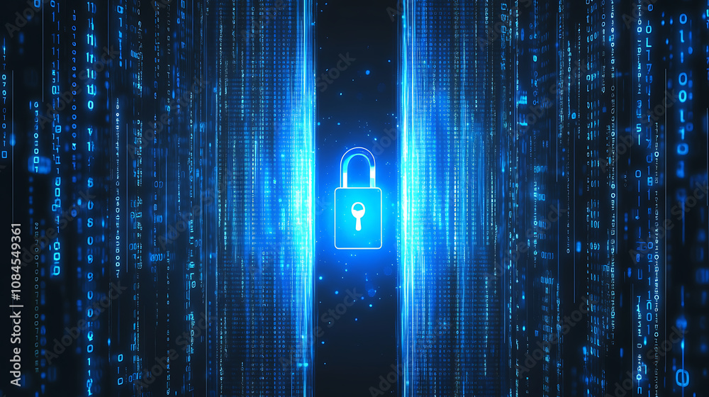 Poster A digital padlock glowing with blue light, symbolizing security and data protection in the abstract background of binary code