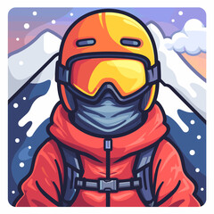 Person in a red jacket and goggles is wearing a yellow helmet. The image is of a snowboarder, and the man is wearing a red jacket and goggles. The man is likely preparing to go snowboarding