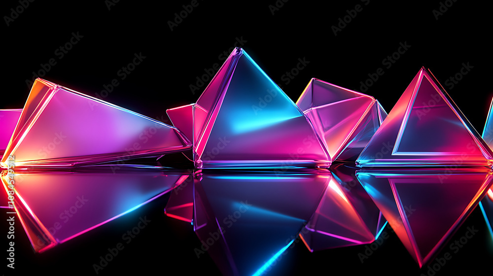 Poster abstract 3d geometric shapes in neon colors on a reflective black surface