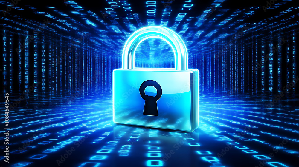Poster A digital padlock symbolizing security, surrounded by glowing blue binary code on an abstract dark background