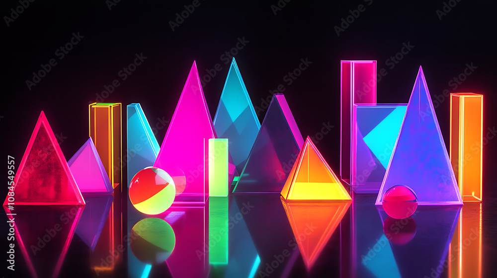 Poster abstract 3d geometric shapes in neon colors on a reflective black surface