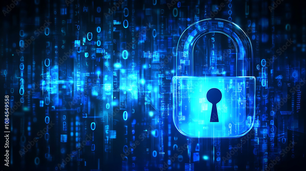 Fototapete A digital padlock glowing with blue light, symbolizing security and data protection in the abstract background of binary code
