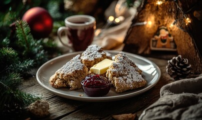 A plate of biscuits with butter and jam on it