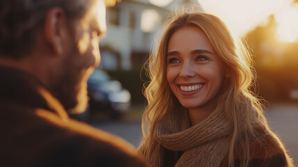 Fototapeta premium happy woman with long light brown hair is smiling at a man