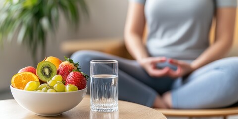 Mindfulness practice and healthy eating by a person in a calm indoor setting with fresh fruits and water for wellness and balance