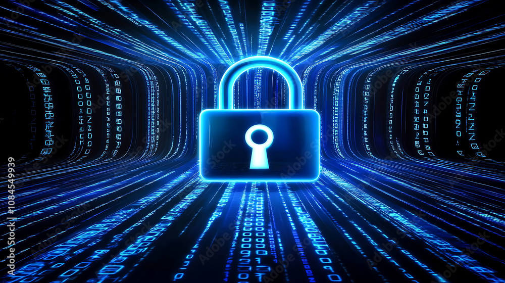 Poster A digital padlock symbolizing security, surrounded by glowing blue binary code on an abstract dark background