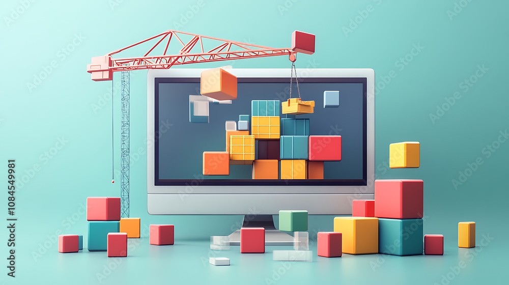 Poster a high-resolution image showcasing a modern computer monitor with colorful blocks being meticulously