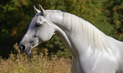A white horse with a black nose