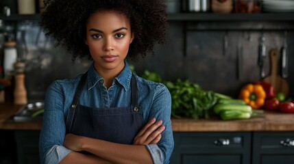A confident woman in a kitchen with fresh vegetables, ready to cook.