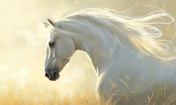 A white horse with a long mane and a black nose