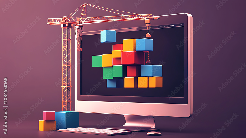 Poster a high-resolution image showcasing a modern computer monitor with colorful blocks being meticulously