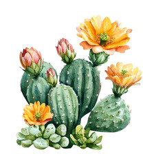 Cactus flowers, watercolor clipart illustration with isolated background.