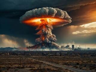 realistic image of a nuclear explosion against a barren landscape, with bright fiery and smoky clouds, set against the backdrop of a crumbling city.
