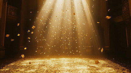 Golden confetti rain on festive stage with light beam in the middle, empty room at night mockup