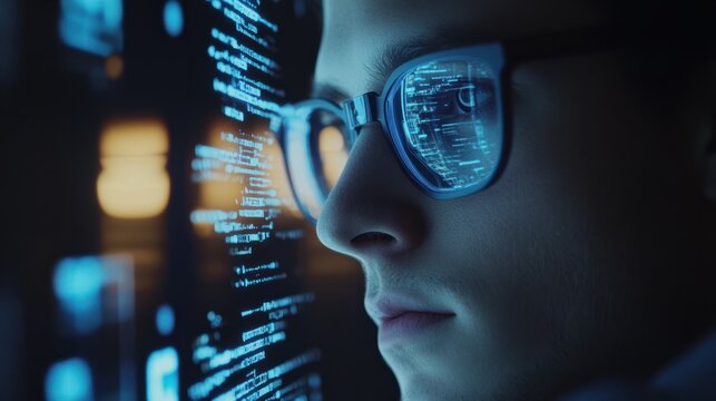 Focused programmer working on a technical project, with digital data displayed on the screen.