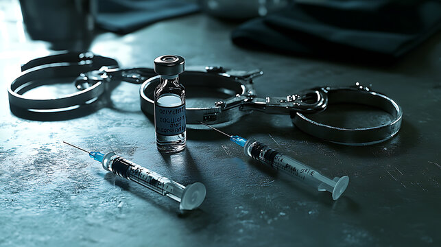 The controversial topic of capital punishment by lethal injection is depicted with handcuffs, a vial, and a syringe on a table