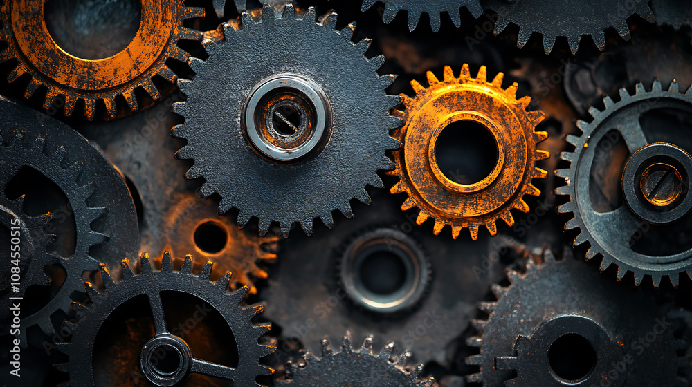 Poster gears are black with a dark wallpaper, a close-up of a gearbox featuring a unique color feature, ind