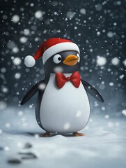 Fototapeta premium 3d cartoon penguin in a red Santa hat on a snow background. for Postcards. for Banners. for Advertising. for Books.