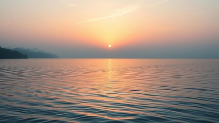 Fototapeta premium Softly glowing sunset over a serene lake with gentle ripples in the watercolor background, dreamy effect, nature background