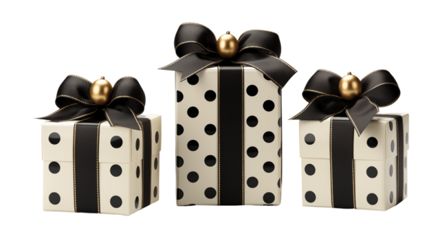 A set of elegant gift boxes featuring black and white patterns, perfect for any celebration, isolated on transparent background.