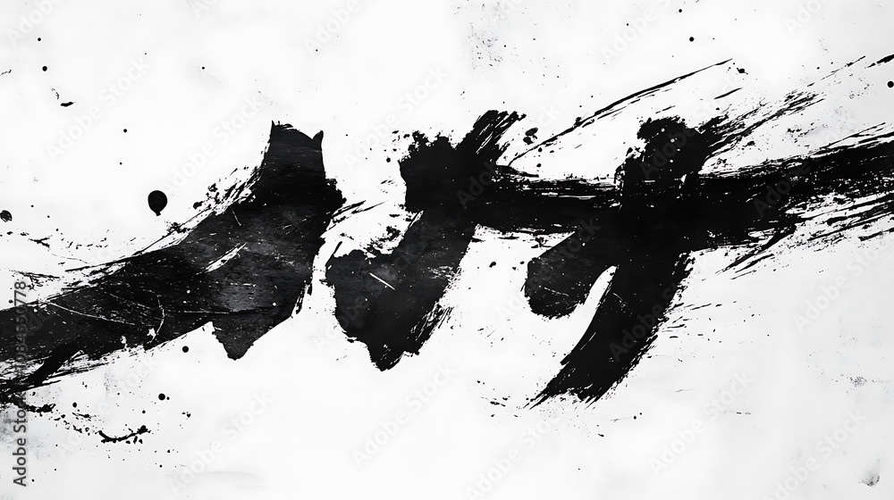 Poster abstract black ink splashes and circles on a white background with brush strokes