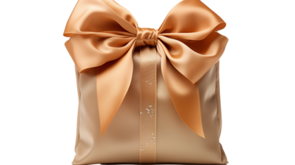 A luxurious golden gift bag tied with a delicate beige ribbon, perfect for refined celebrations, isolated on transparent background.