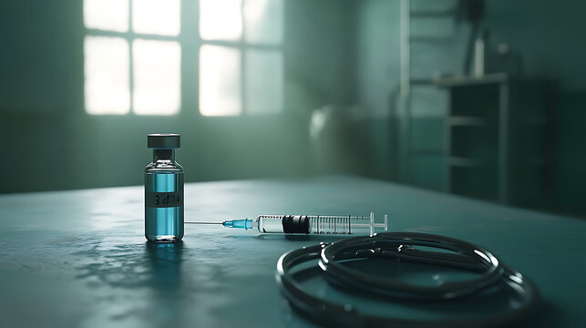 The controversial topic of capital punishment by lethal injection is depicted with handcuffs, a vial, and a syringe on a table