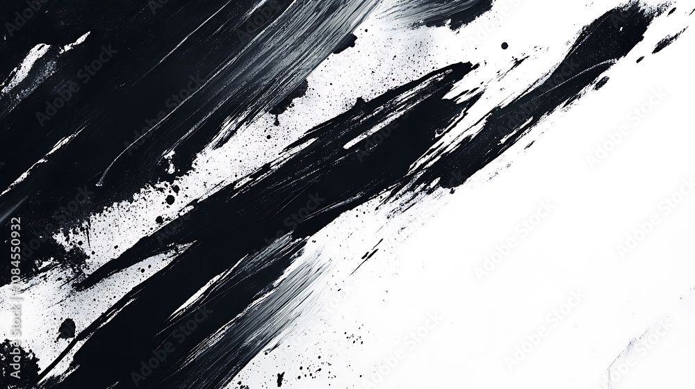 Poster abstract black ink splashes and circles on a white background with brush strokes