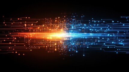 Futuristic digital interface with glowing data streams and circuits in blue and orange hues, representing technology, communication, and innovation.