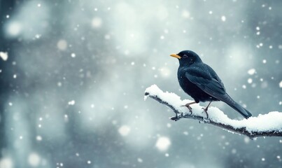 A black bird is sitting on a branch covered in snow