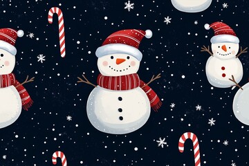 Fototapeta premium cartoon snowmen and candy canes, dark blue background with white stars. for Advertising, for banners, for postcards.