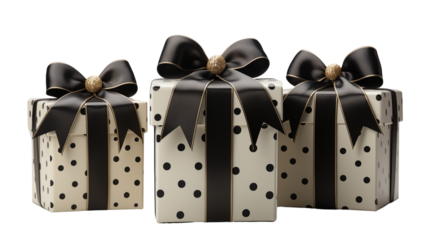 Elegant gift boxes with black and white patterns, ideal for celebrations and gifting, isolated on transparent background.