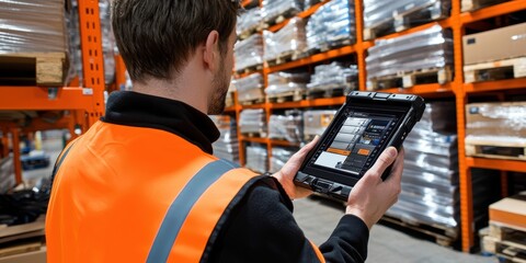 Warehouse inventory check by a worker in safety vest using a tablet industrial environment stock management logistics overview