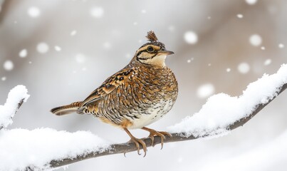 Fototapeta premium A bird with a brown head and white body is standing on a branch covered in snow