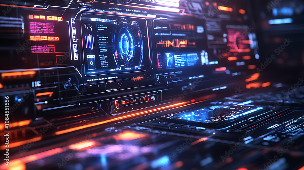 Poster High-tech bars and frames, along with holographic HUD user interface elements, make up a set of futuristic interface UI elements, designed as an illustration set of HUD interface icons