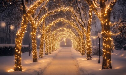 Fototapeta premium A walkway with trees lit up with Christmas lights