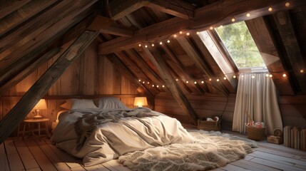 Cozy Retreat in a Rustic Attic Bedroom with Wooden Beams and Soft Lighting for Relaxing Ambiance